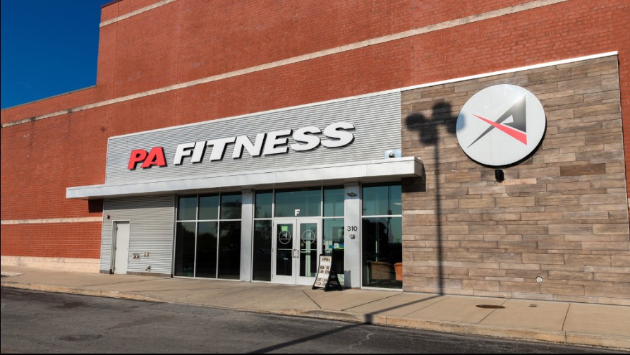 The PA Fitness Gym Exterior with signage and York Galleria Mall entrance.